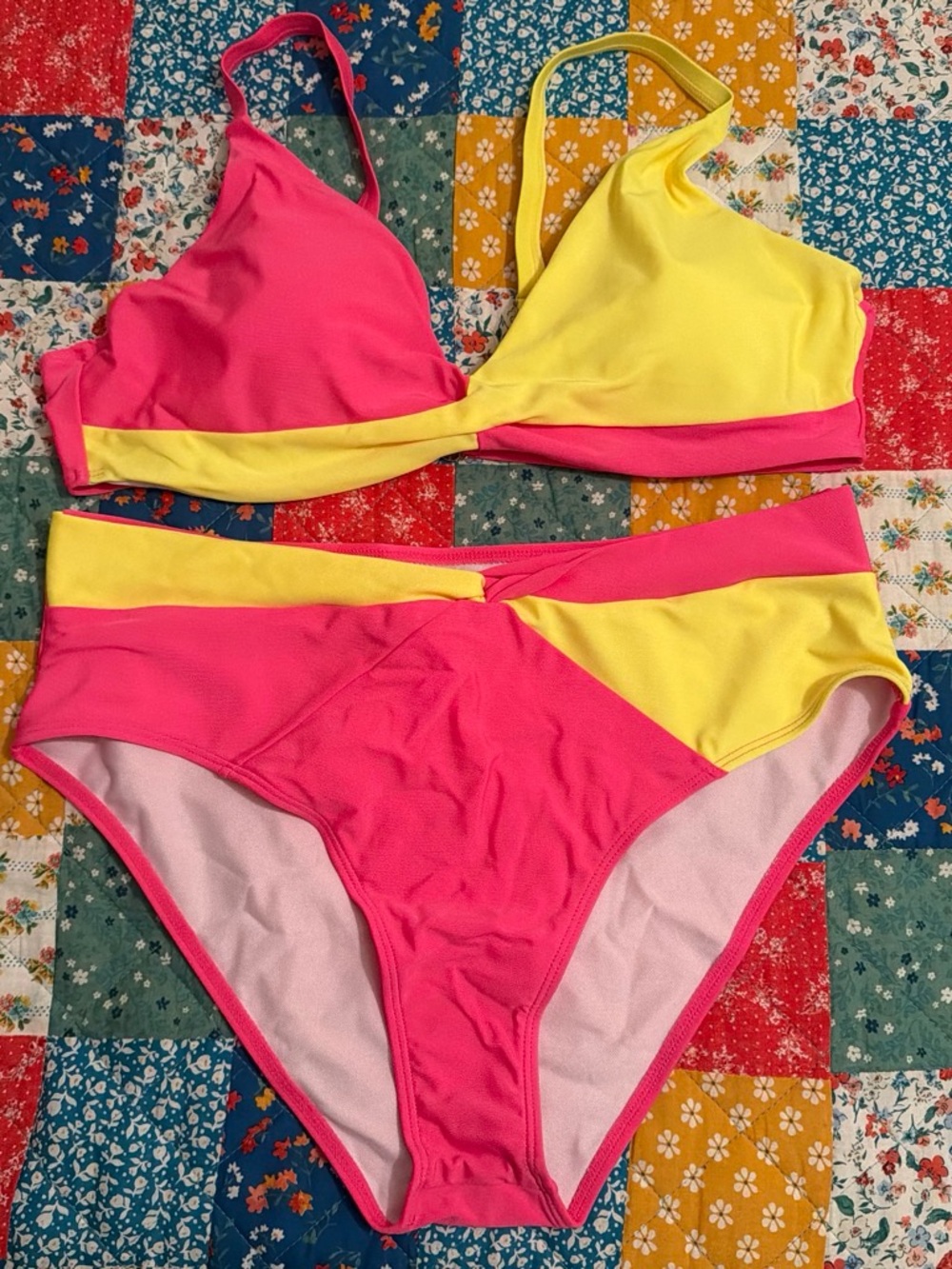 NWOT SHEIN Hot Pink Yellow Colorblock Bikini Set